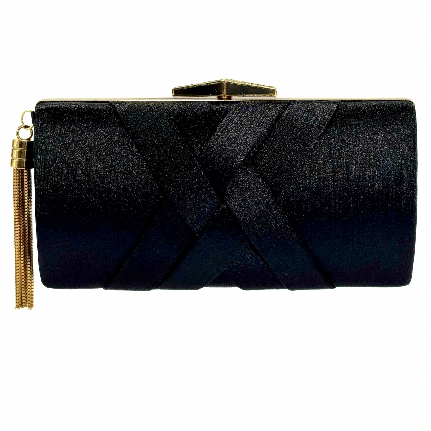 Satin X Pattern Clutch With Tassle (Black)