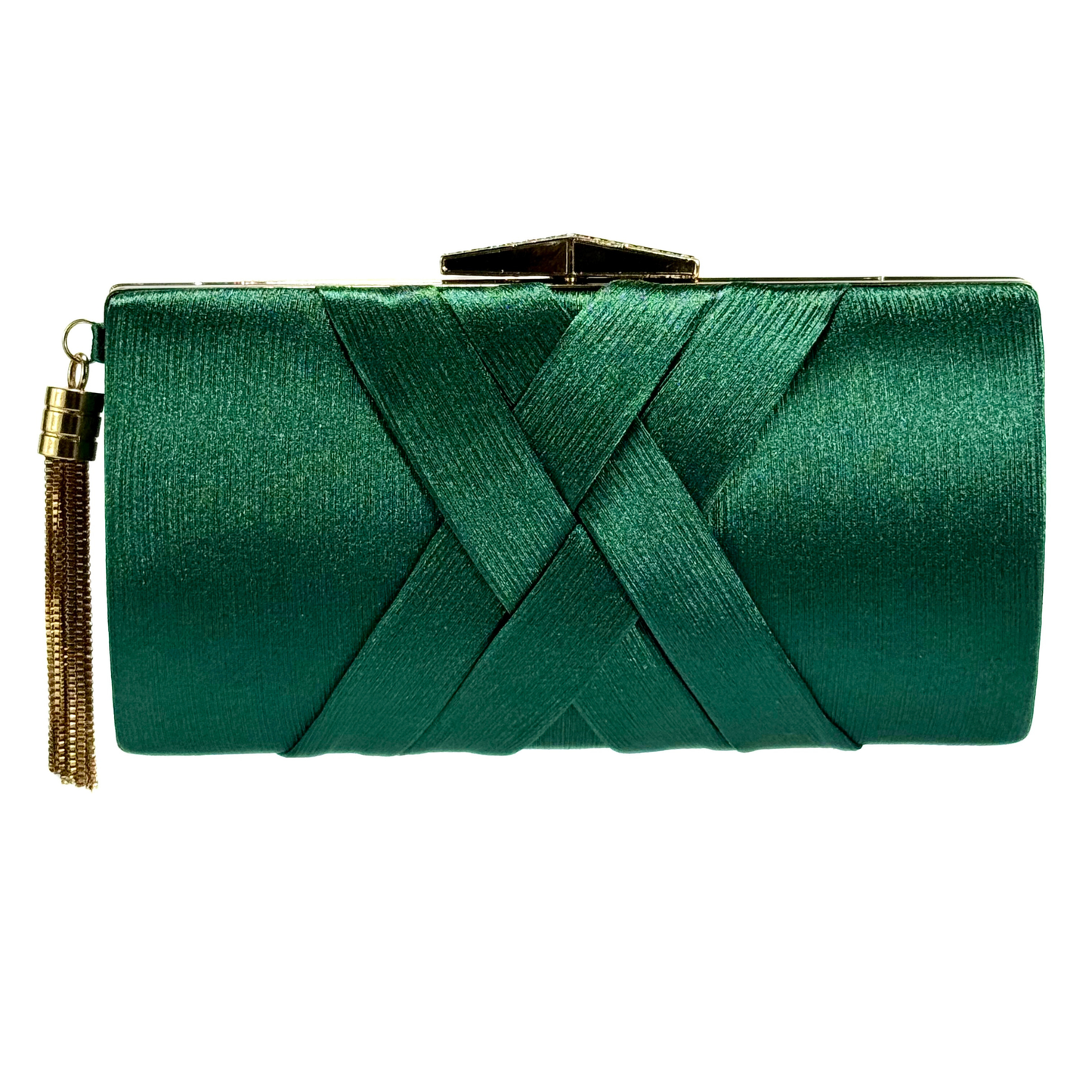 Satin X Pattern Clutch With Tassle (Dark Green)