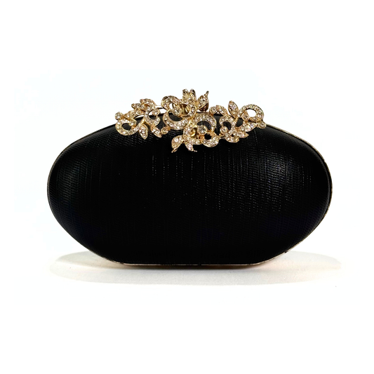 Oval Bloom Brooch Clutch (Black)