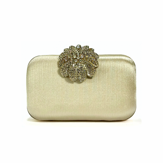 Crystal Bloom Brooch Clutch (Beige)