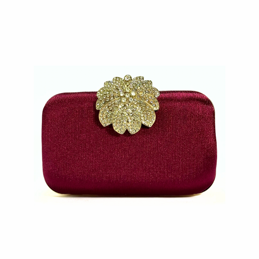 Crystal Bloom Brooch Clutch (Maroon)