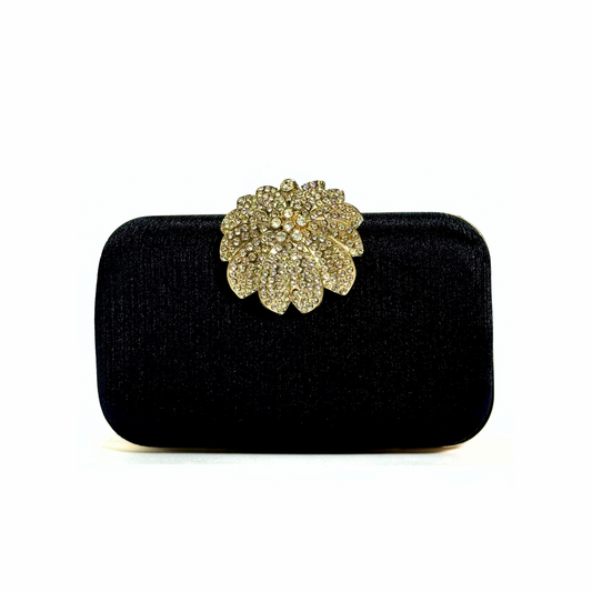 Crystal Bloom Brooch Clutch (Black)