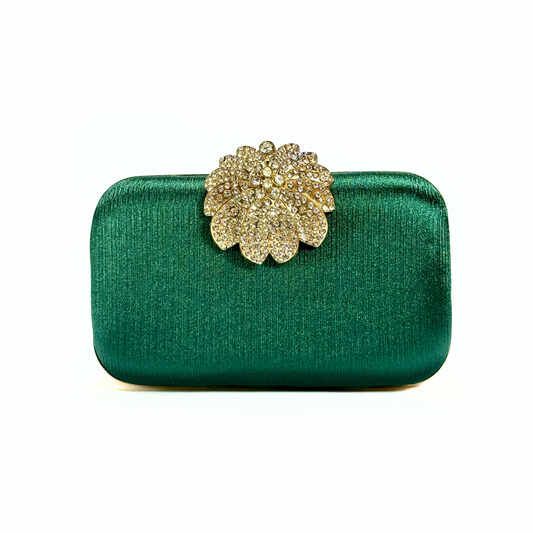 Crystal Bloom Brooch Clutch (Dark Green)