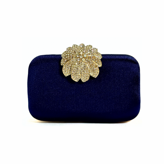 Crystal Bloom Brooch Clutch (Navy blue)