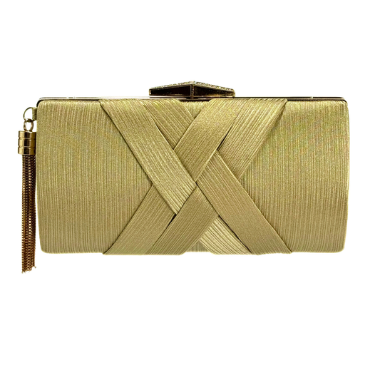 Satin X Pattern Clutch With Tassle (Golden)