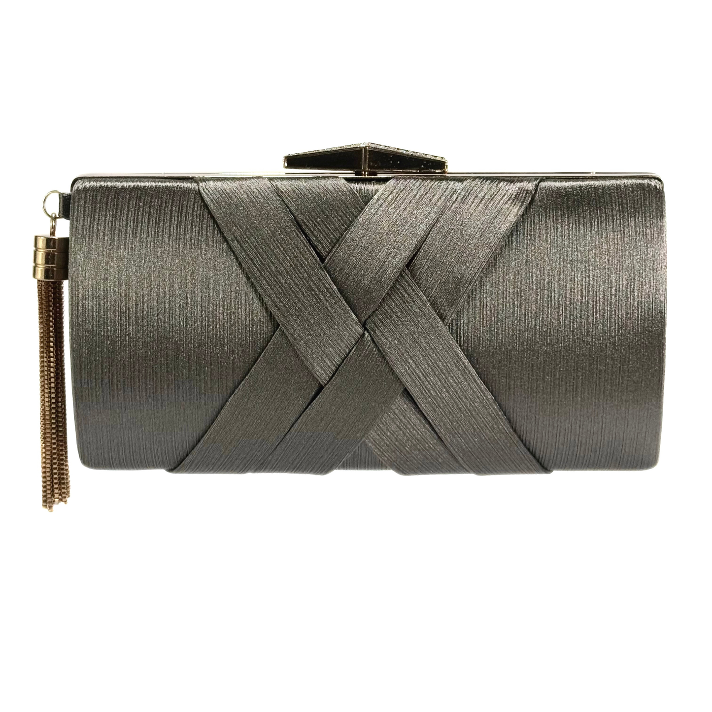 Satin X Pattern Clutch With Tassle (Grey)