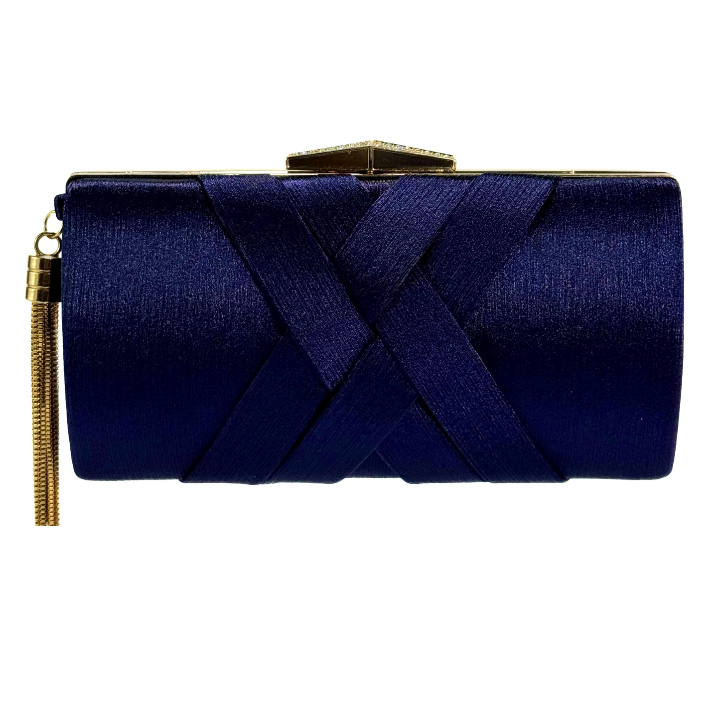 Satin X Pattern Clutch With Tassle (Navy Blue)