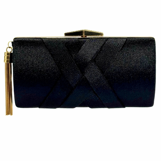 Satin X Pattern Clutch With Tassle (Black)