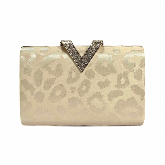 Elegant V Crystal Brooch Clutch (Beige)
