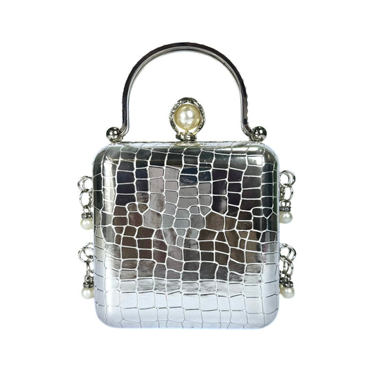 Silver Pearl Croc Clutch