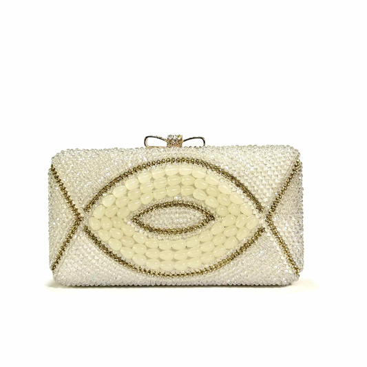 Crystal Beaded Clutch With Bow Clasp (White)