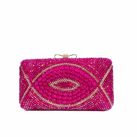 Crystal Beaded Clutch With Bow Clasp (Pink)
