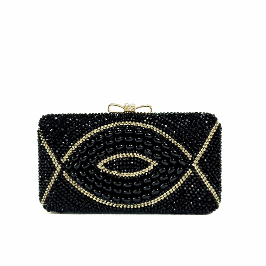 Crystal Beaded Clutch With Bow Clasp (Black)