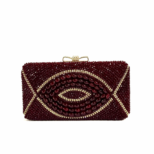Crystal Beaded Clutch With Bow Clasp (Maroon)