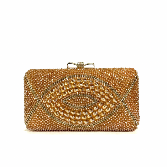 Crystal Beaded Clutch With Bow Clasp (Golden)