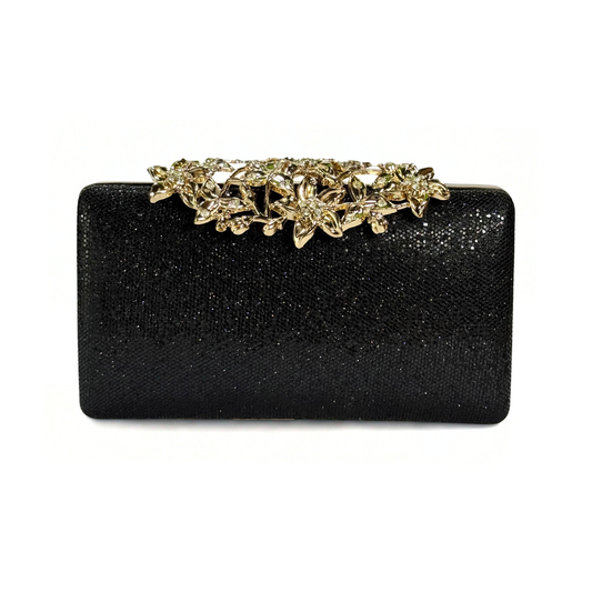 Sparkling Floral Brooch Clutch (Black)